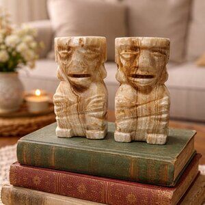 Pair of Vintage Carved Onyx/Marble Aztec-Mayan-Tiki Style Bookends